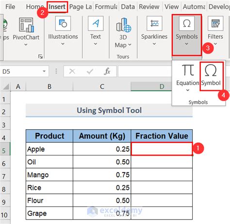 fraction symbol in excel