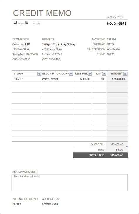 free credit memo template excel