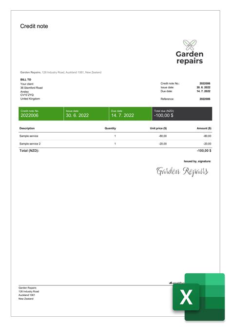 free credit note template excel