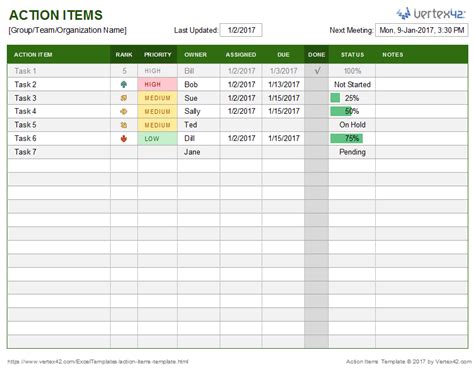 free excel action item template