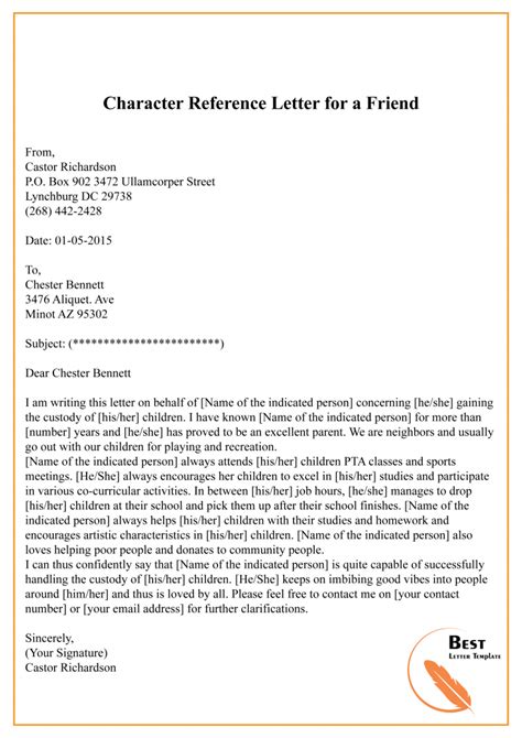 free sample of character reference letter for a friend