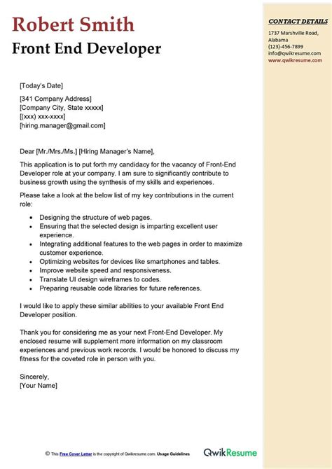 front end developer cover letter example