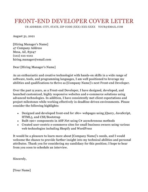 front end developer cover letter examples