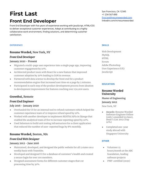 front end developer profile description