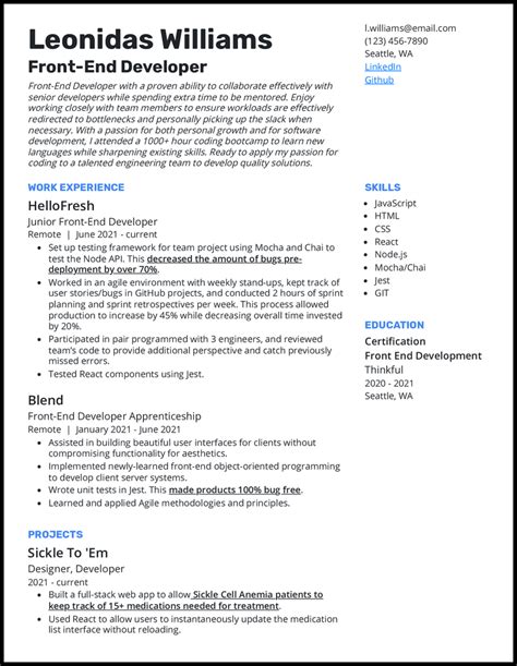 front end developer resume examples