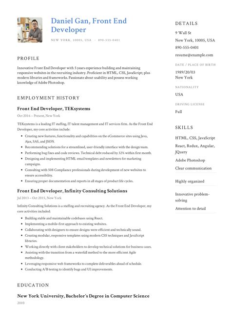 front end developer resume format for freshers