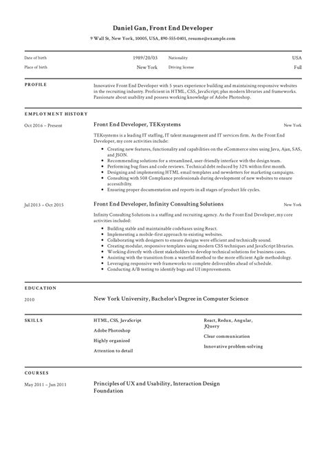 front end developer resume template