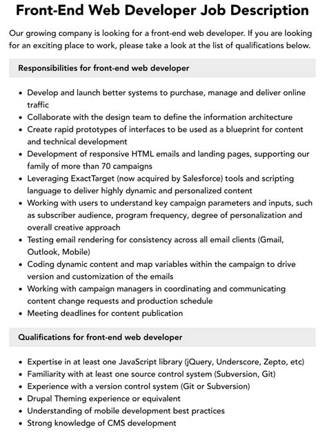 front end web developer job description