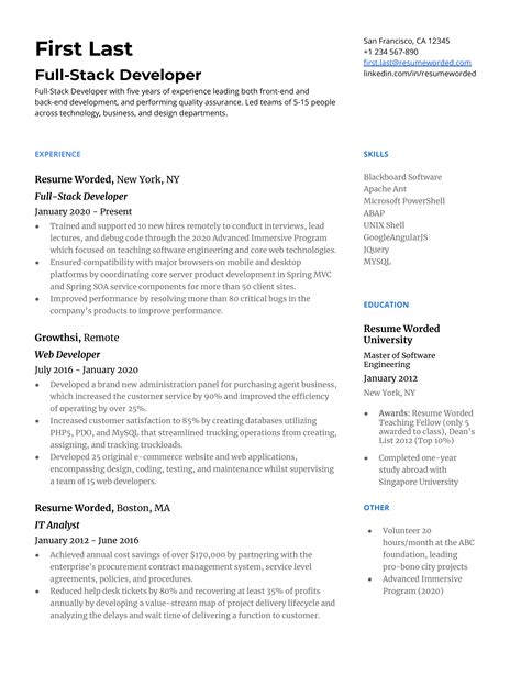 full stack developer cv template word