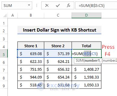function key for dollar sign in excel