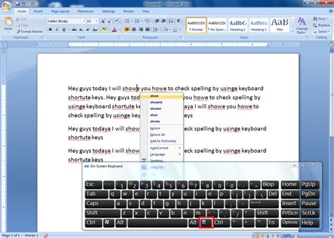 function key for spell check in ms word