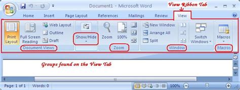function of view tab in ms word