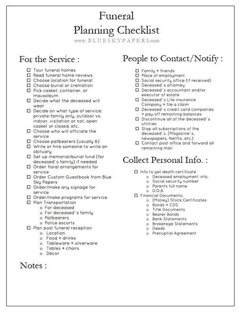 funeral items list