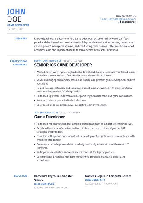 game developer cv examples