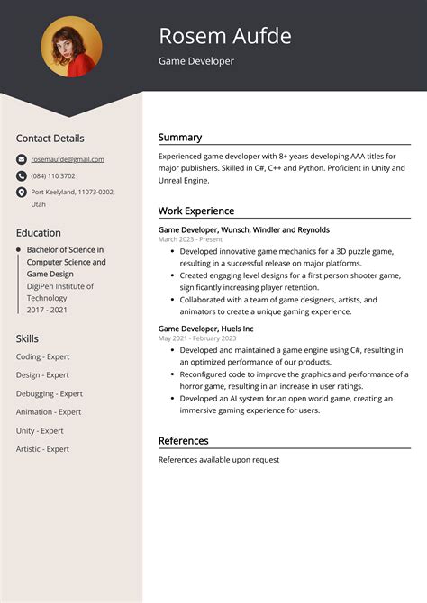 game developer resume example