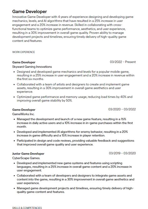 game programmer cv example
