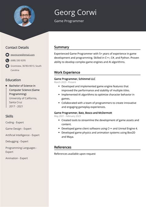 game programmer resume example