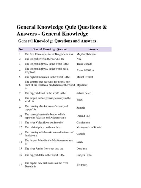 general knowledge questions and answers for 7th standard