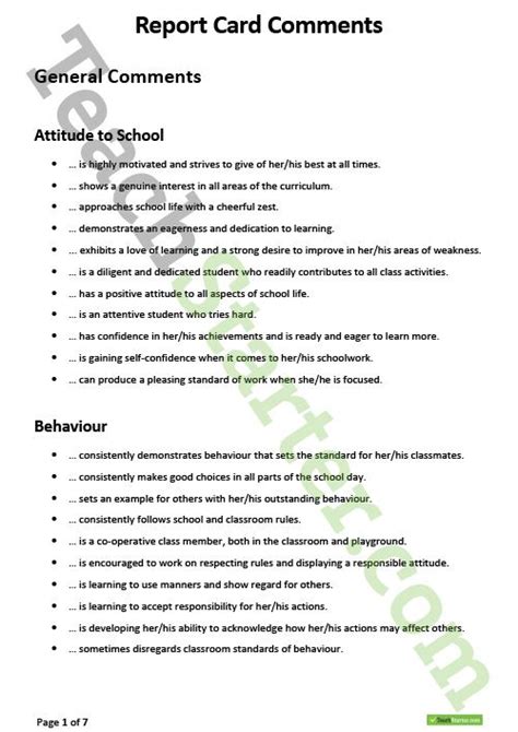 general report comments examples