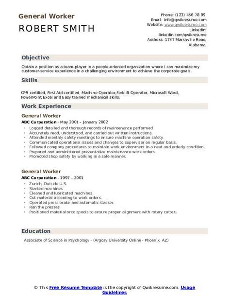 general worker cv example pdf