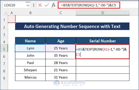 generate number in excel cell