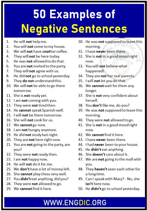 give 5 examples of negative sentence