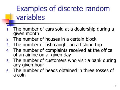 give at least 3 example of discrete and continuous random variable