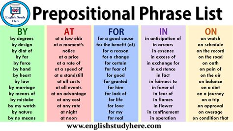 give me five example of prepositional phrase