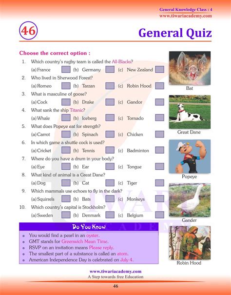 gk questions and answers in english for class 4
