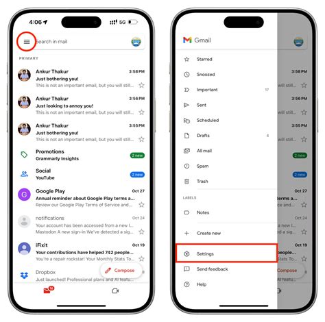 gmail app menu