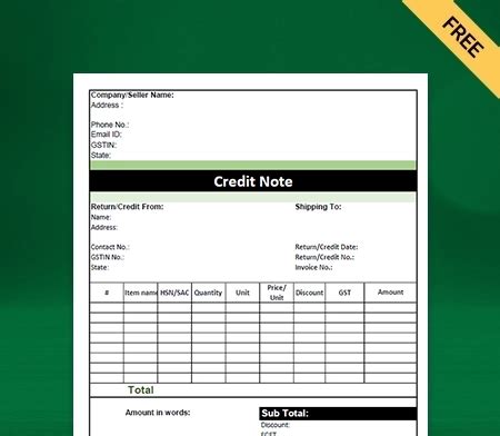gst credit note format in excel free download