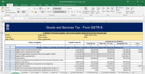 gstr 9 format in excel with formula