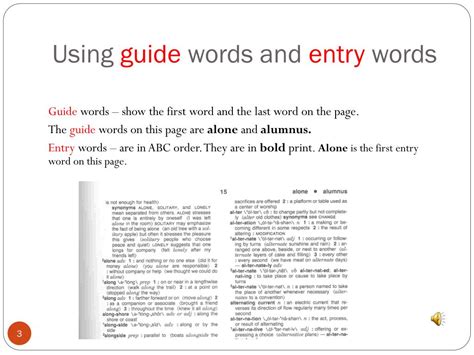 guide words and entry words in a dictionary