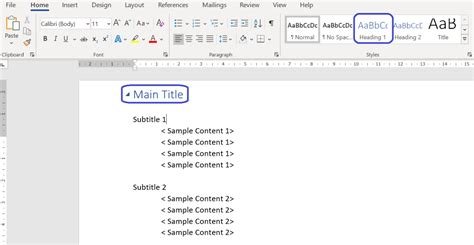 heading drop down in word