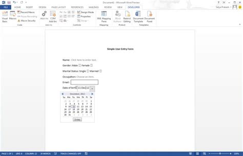 how can you create a user entry form in ms word 2013