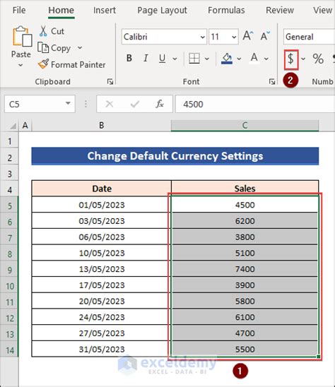how do i change the default currency format in excel