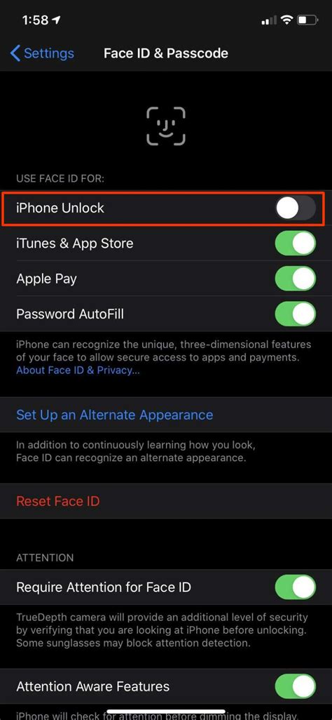 how do i disable face recognition on my iphone