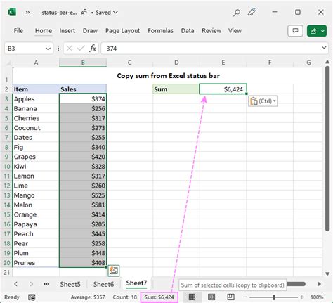 how do i enable copy sum from status bar in excel