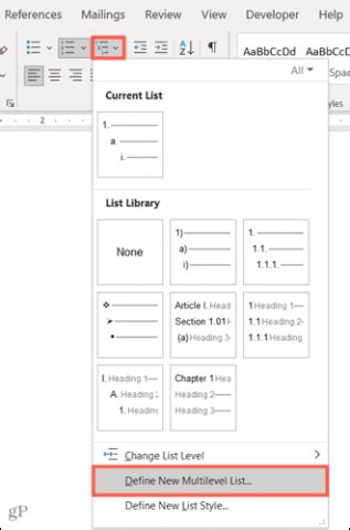 how do i modify an existing multilevel list in word