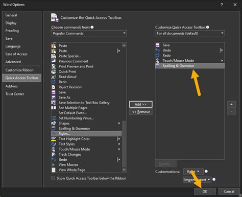 how do you add the spelling and grammar command to the quick access toolbar