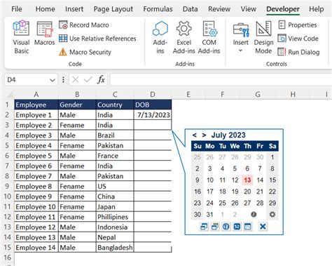 how do you set up a calendar in excel