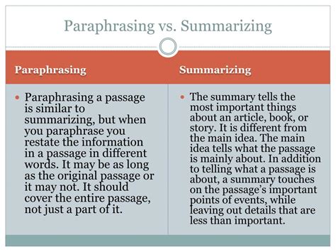 how is paraphrasing different from summarizing