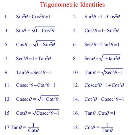 how many formulas are there in trigonometry class 10th