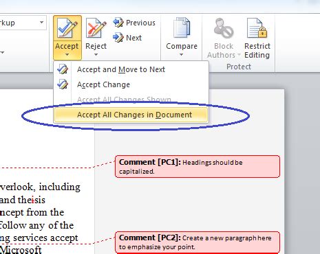 how to accept track changes in word doc