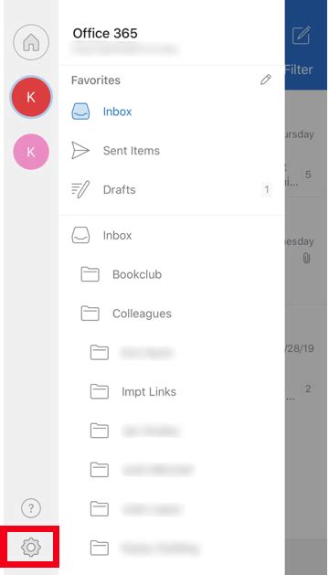 how to access settings in outlook app