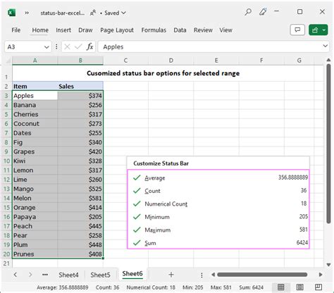 how to activate customize status bar in excel