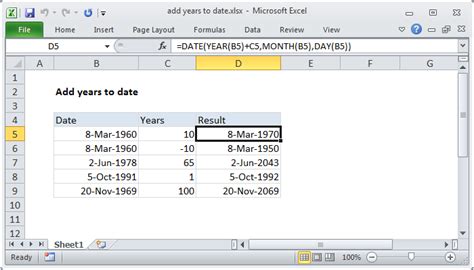 how to add 5 years to a date in excel formula