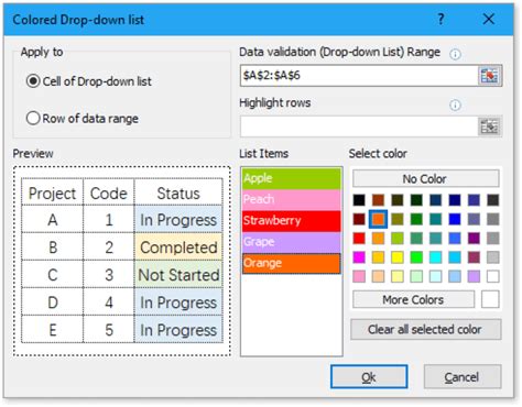 how to add a colour drop down list in excel