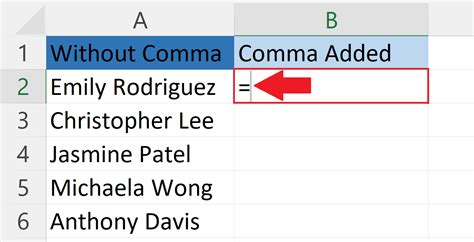 how to add a comma between text in excel