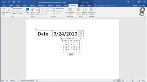 how to add a date selection box in word